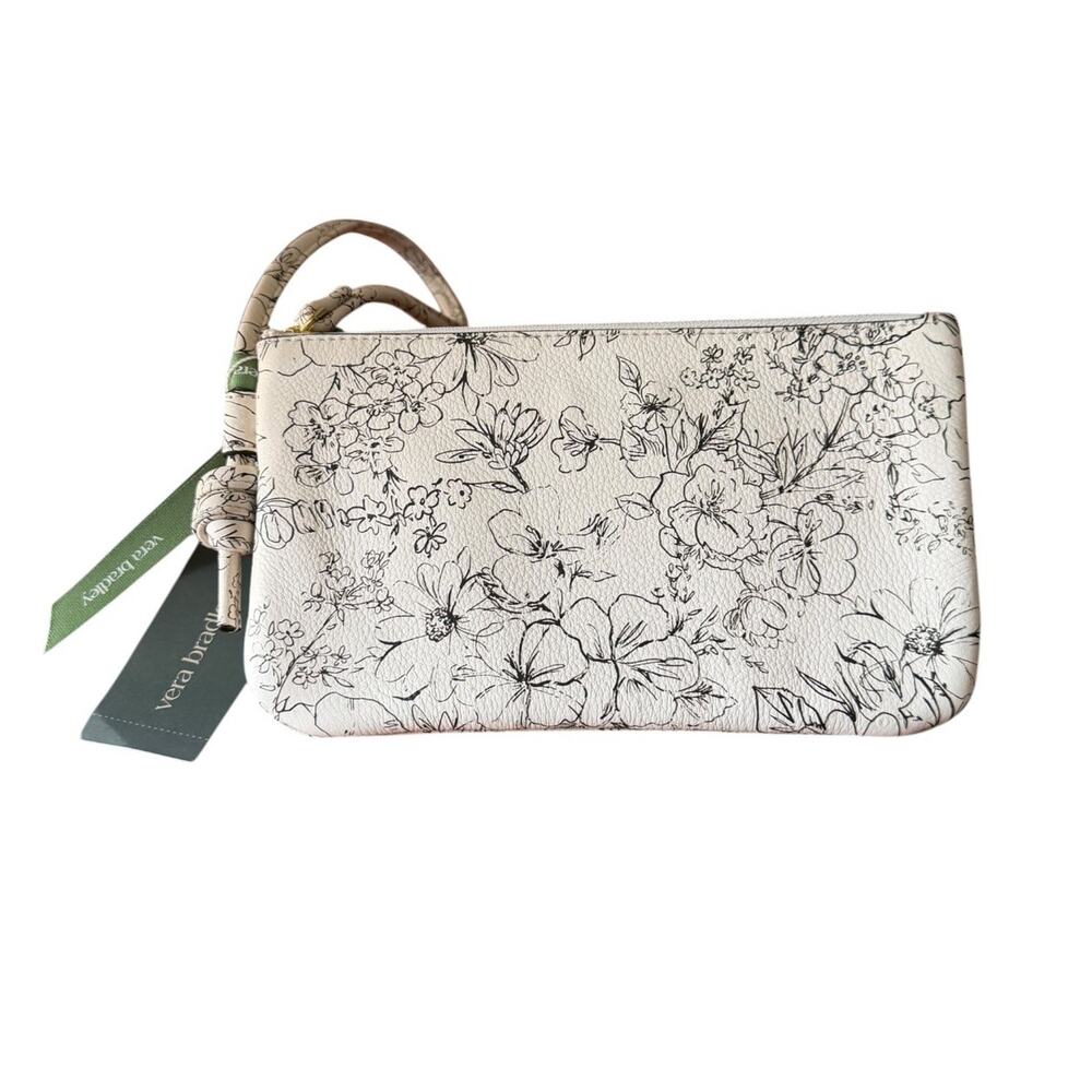 Vera Bradley Knotted Wristlet Bloom Cottage Cream Floral NWT Black Ivory